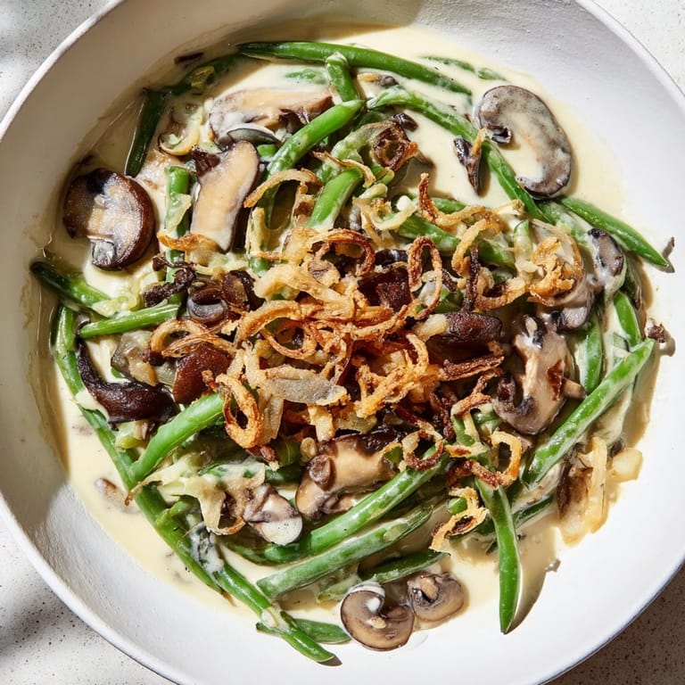 A warm baking dish of Old-School Green Bean Casserole, perfectly browned with a delightful onion topping.