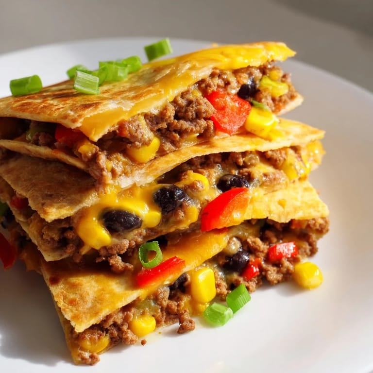 Warm and cheesy sheet pan quesadillas with seasoned ground beef and vegetables, ready to serve with toppings.