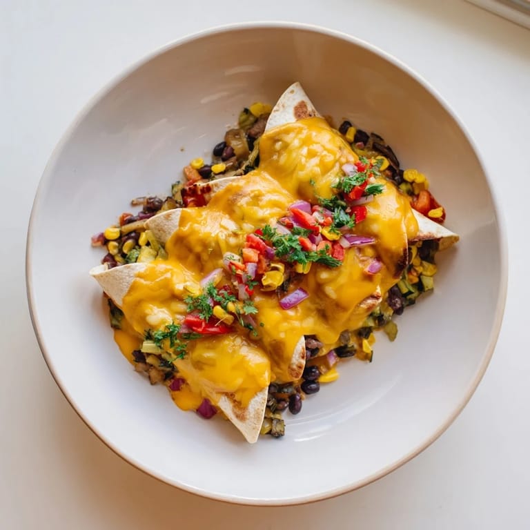 Flavorful Farmers Market Vegetarian Enchiladas, packed with a medley of veggies, topped with a creamy sauce.