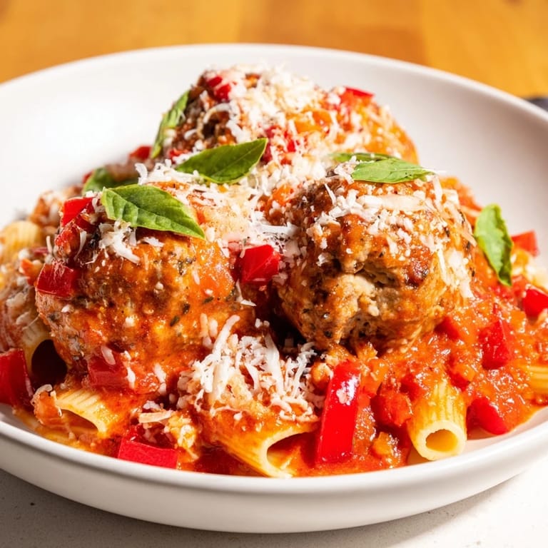 A close-up of steaming Italian Meatball Pasta Skillet, with melted mozzarella and fresh basil garnish.