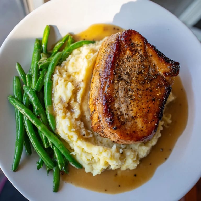 A comforting close-up showcases golden-brown Pork Chops & Cheddar Mash Bowl with creamy potatoes and gravy.