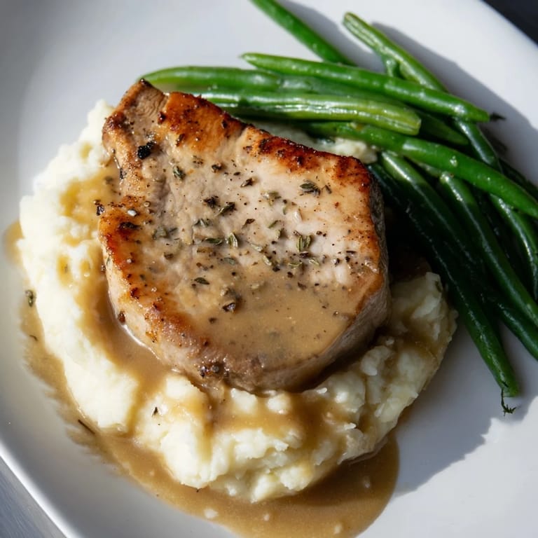 Enjoy a hearty Pork Chops & Cheddar Mash Bowl with tender pork atop cheesy mashed potatoes and fresh green beans.
