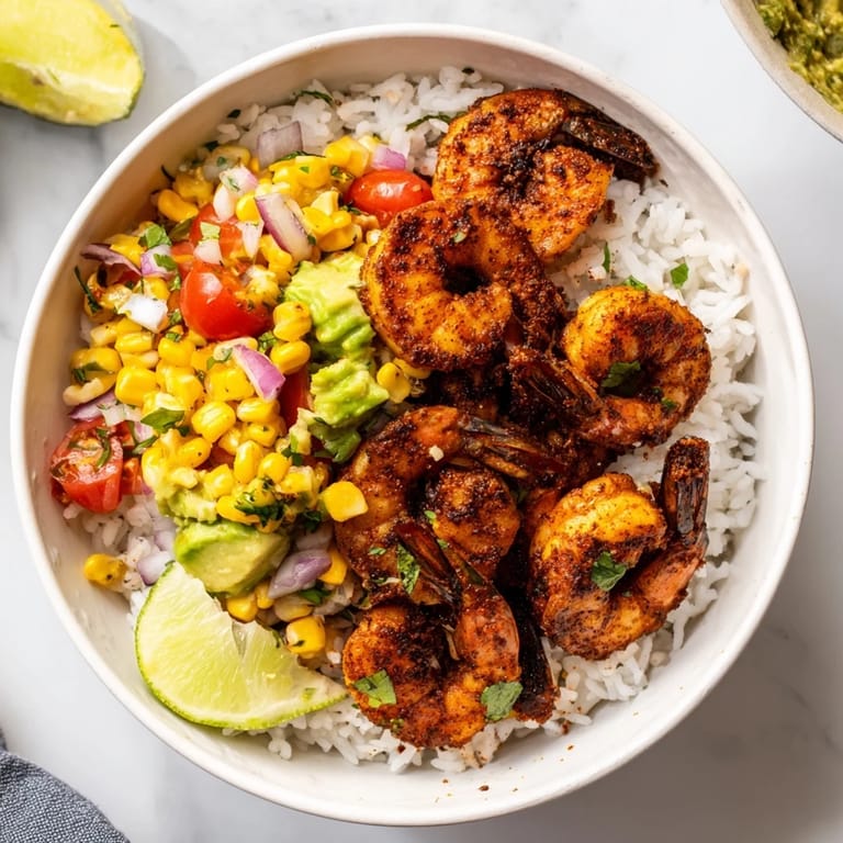 Close-up of a flavorful blackened shrimp bowl, showcasing the creamy salsa and a zesty, delicious meal.