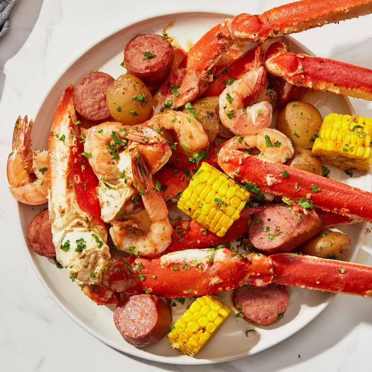 Platter of a flavorful Southern seafood boil, featuring crab, shrimp, sausage, and corn for a great meal.