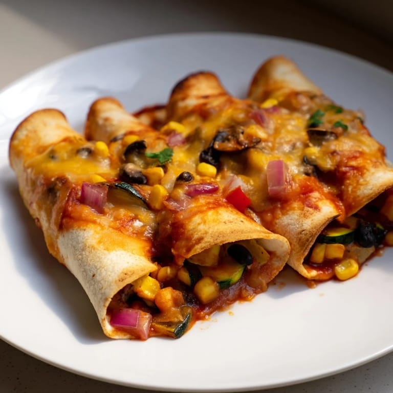 A close-up of cheesy Farmers Market Vegetarian Enchiladas filled with vegetables and black beans, ready to eat.