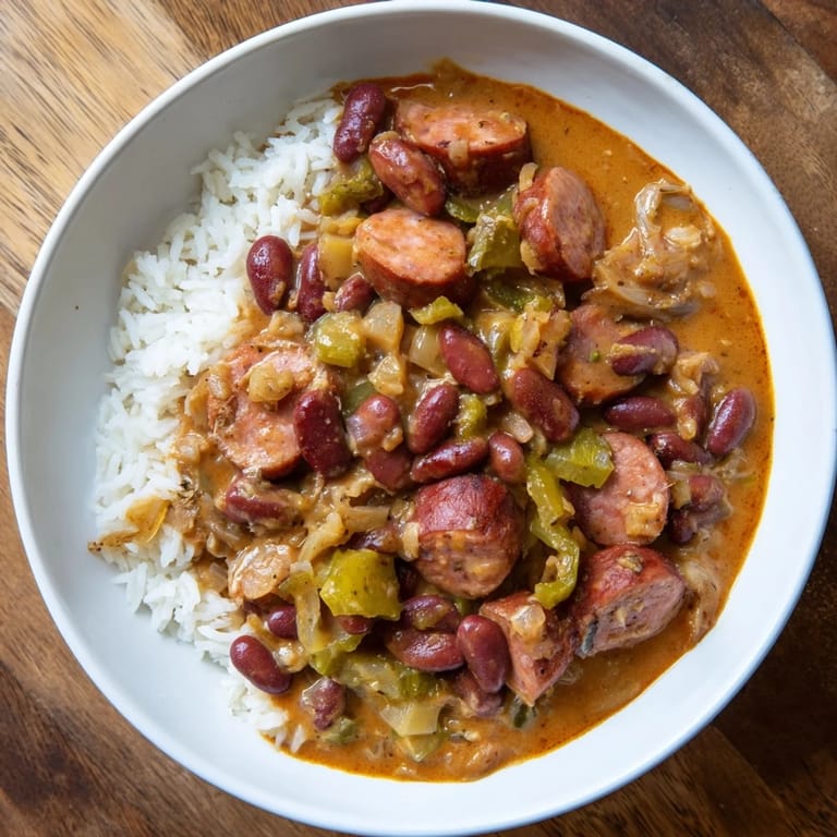 A hearty serving of Red Beans & Rice, rich and savory, garnished with fresh green onions for visual appeal.