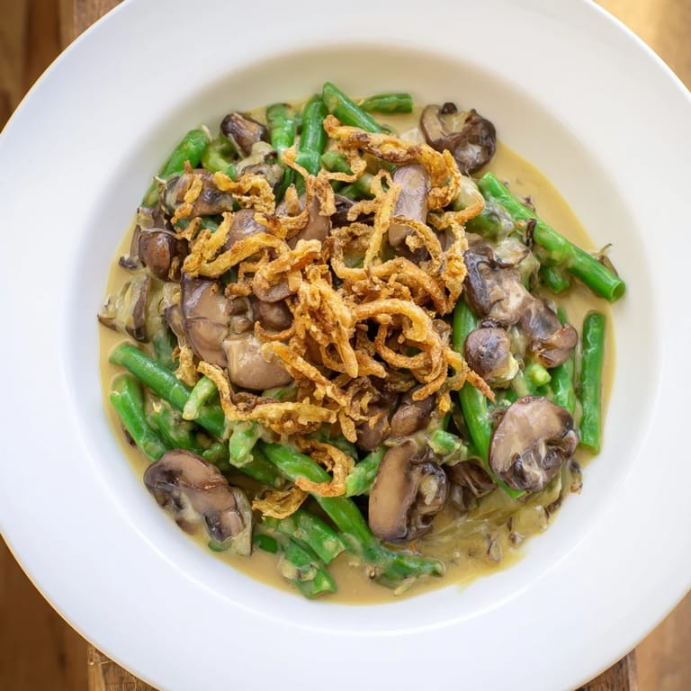 Homemade Old-School Green Bean Casserole brimming with tender green beans and rich, savory flavors.