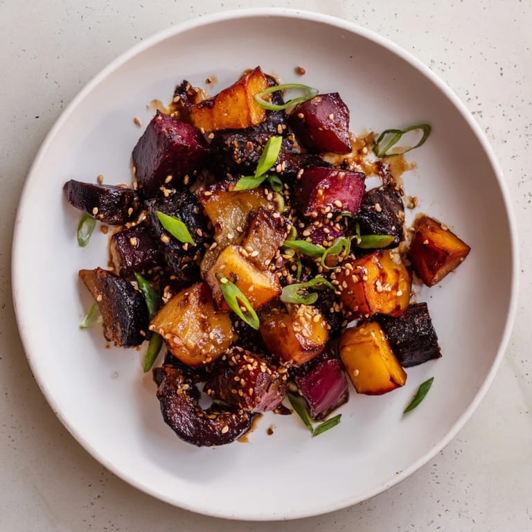 Close-up of tender Miso Roasted Winter Vegetables, highlighted with a delicious miso glaze and sesame seeds.