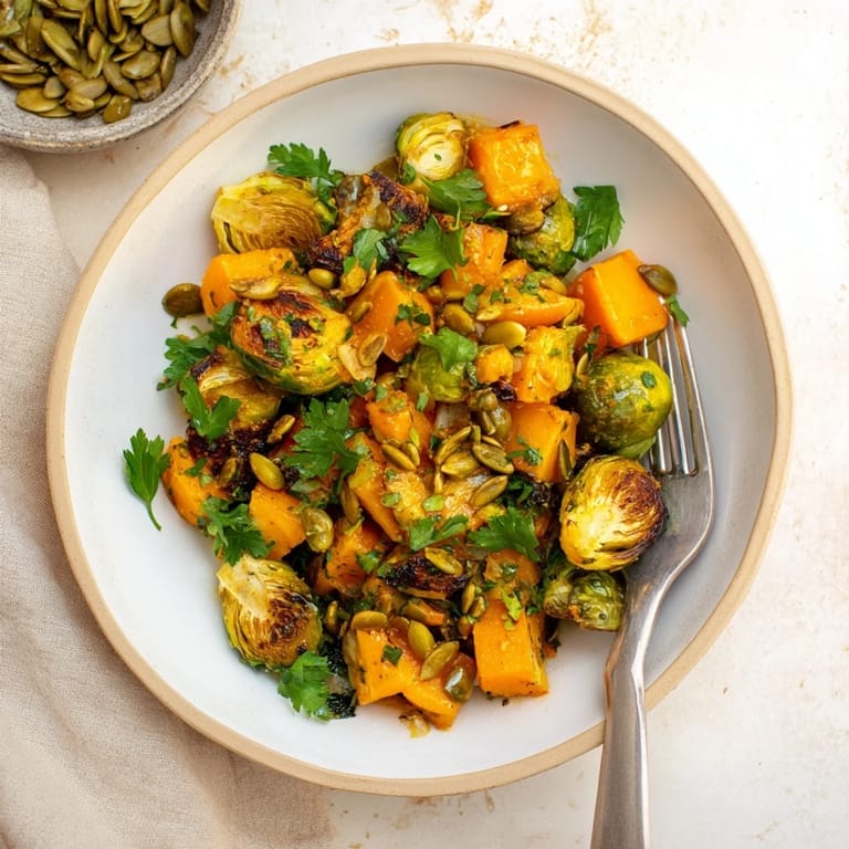 Vibrant orange-dressed Roasted Brussels Sprouts & Butternut Squash, a colorful and delicious vegetarian dish.