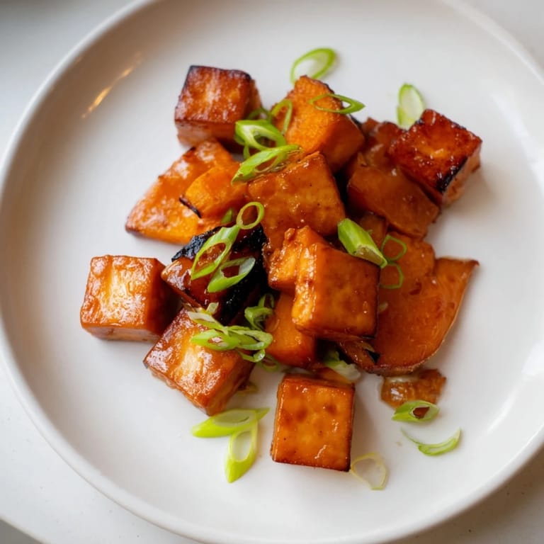 Savory miso glaze coats the roasted tofu and squash, a flavorful start to this plant-based meal.