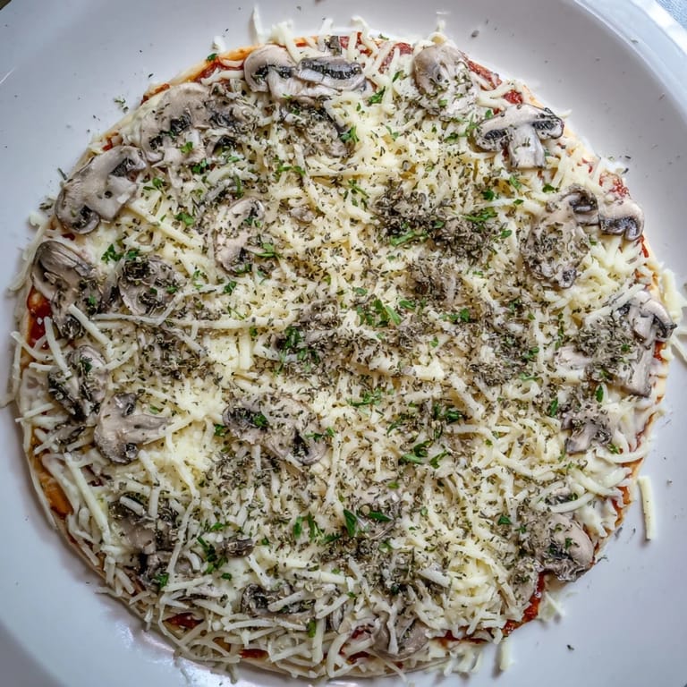 Savory frozen pizza upgrade, featuring melted cheese and mushroom topping, ready to serve and enjoy.