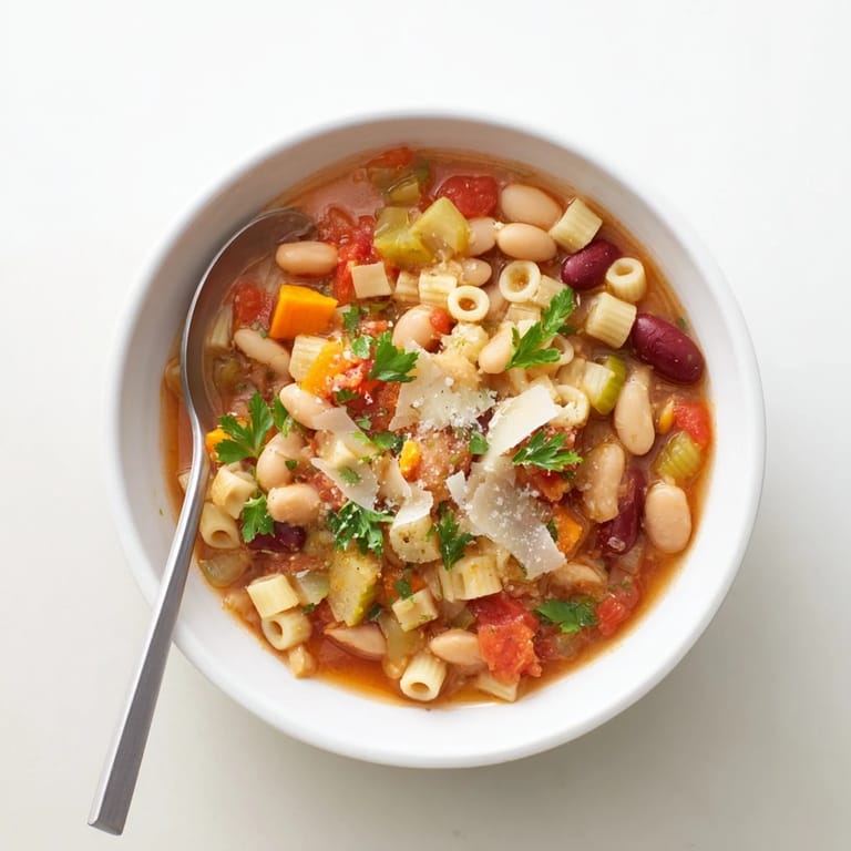 A rustic, flavorful image of Pasta e Fagioli Soup with visible beans, pasta, and herbs, a hearty meal.