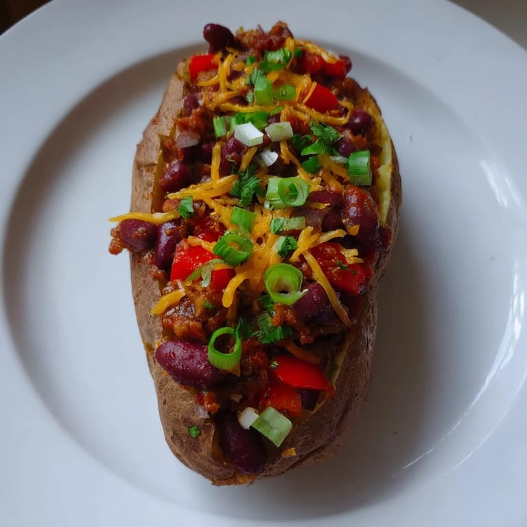 A close-up shot of hearty Chili-Style Baked Potatoes; the chili is rich and bean-filled, perfect comfort food.