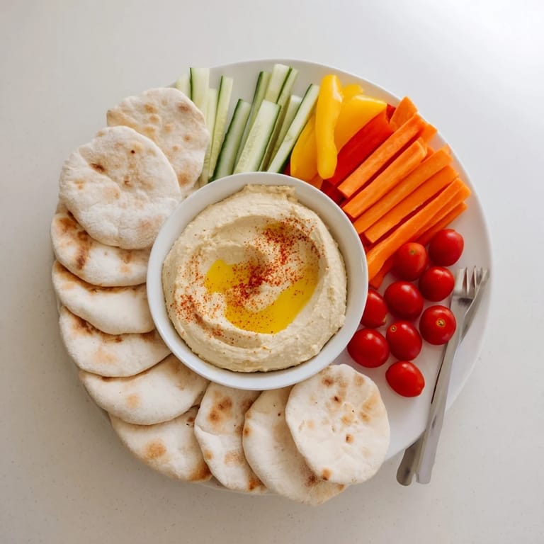 A close-up shot of homemade hummus with toasted pita triangles and colorful vegetable sticks.