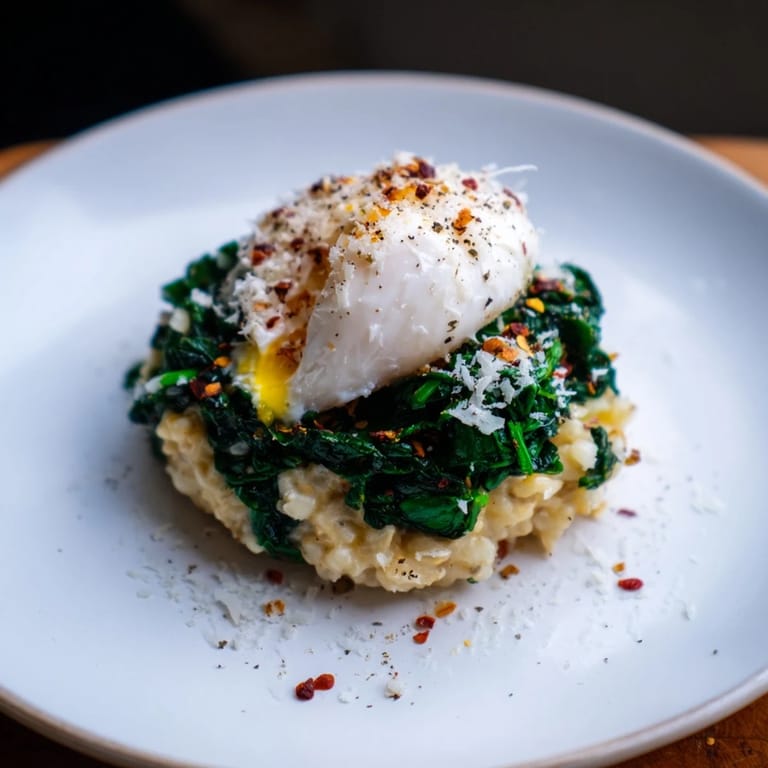 Savoury oatmeal topped with a glistening poached egg, sautéed spinach, and flakes of Parmesan cheese.