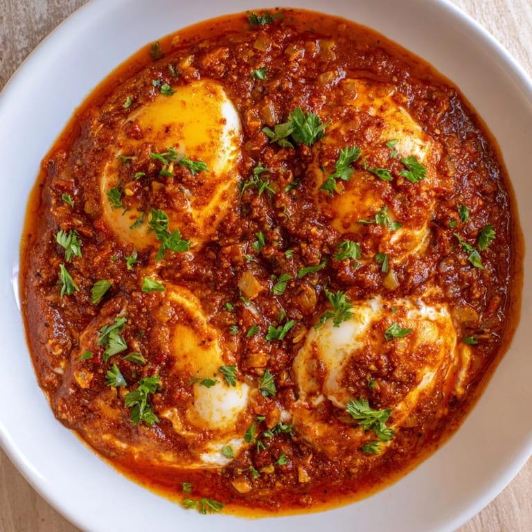 Beautifully baked Savoury Baked Eggs in Tomato Sauce, a Middle Eastern-inspired dish filled with rich tomato flavors.