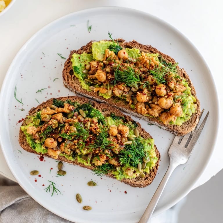 Close-up of a flavorful avocado toast with chickpeas, bursting with fresh herbs, ready to serve.