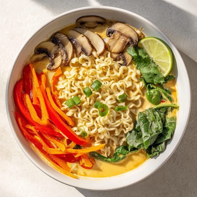 Enjoy a comforting bowl of homemade Curry Coconut Ramen, featuring fresh vegetables and creamy broth.
