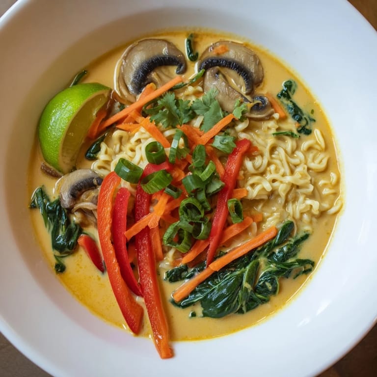 A close-up of flavorful Curry Coconut Ramen, garnished with vibrant green onions and chili flakes.