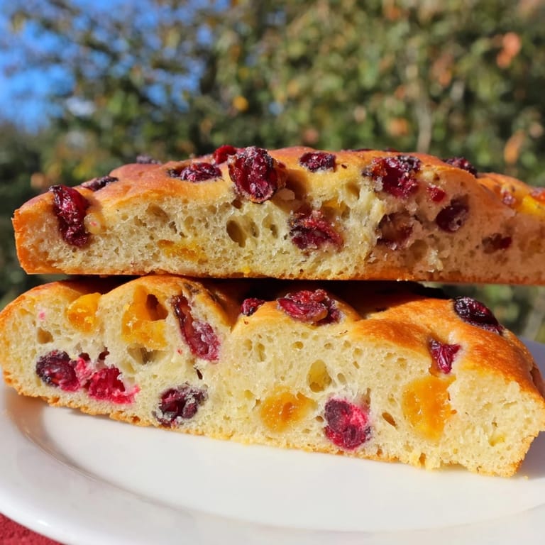 Freshly baked Cranberry Orange No-Knead Focaccia, showcasing a crusty exterior and soft, airy interior.