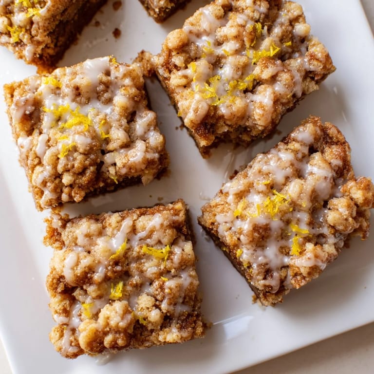 Freshly baked Gingerbread Crumble Bars, topped with lemon glaze, offering a delightful mix of flavors and textures.