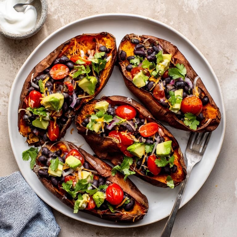 Steaming-hot, tender Loaded Baked Sweet Potatoes, topped with creamy avocado, perfect for a cozy dinner.