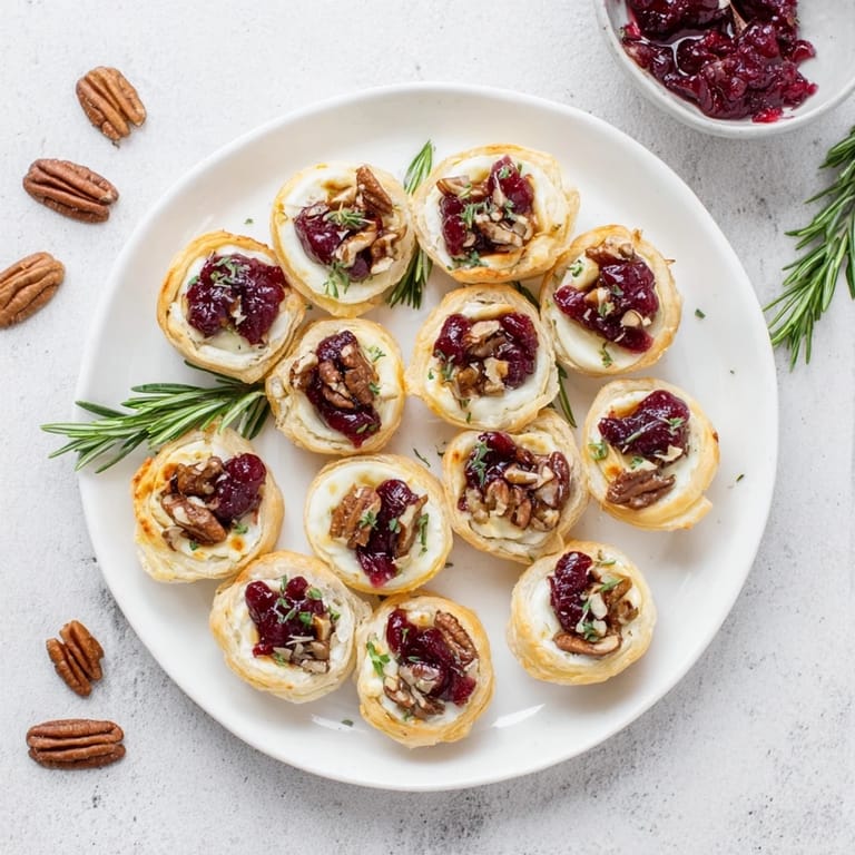 Golden, flaky puff pastry cups filled with warm, creamy Brie and sweet cranberry in these bites.