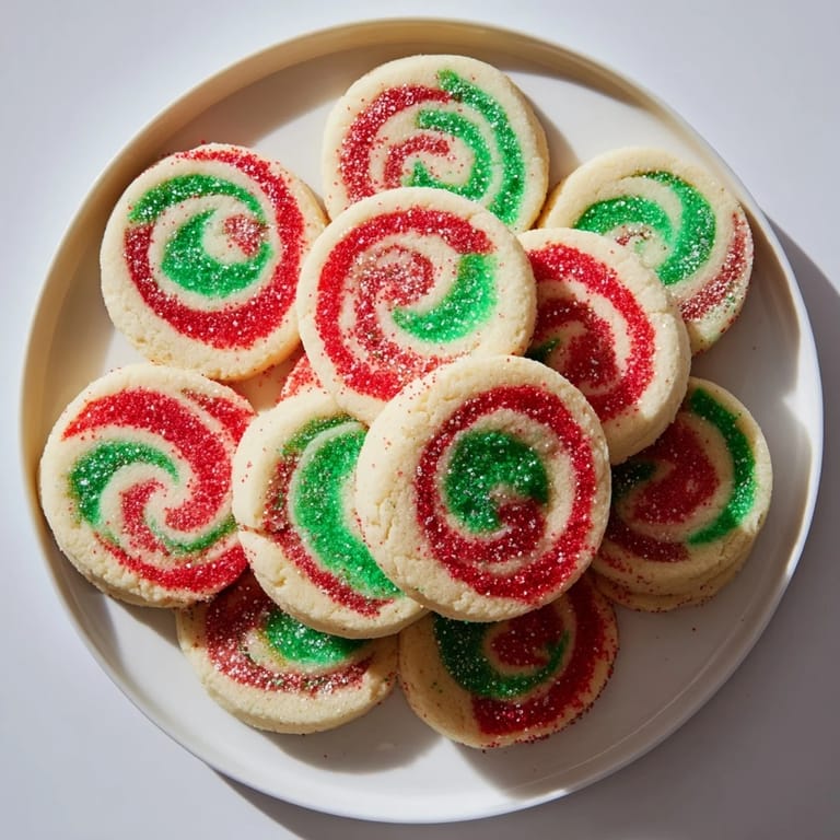 A close-up of baked Holiday Pinwheel Cookies, showing detailed red and green spirals and a sugar-kissed edge.