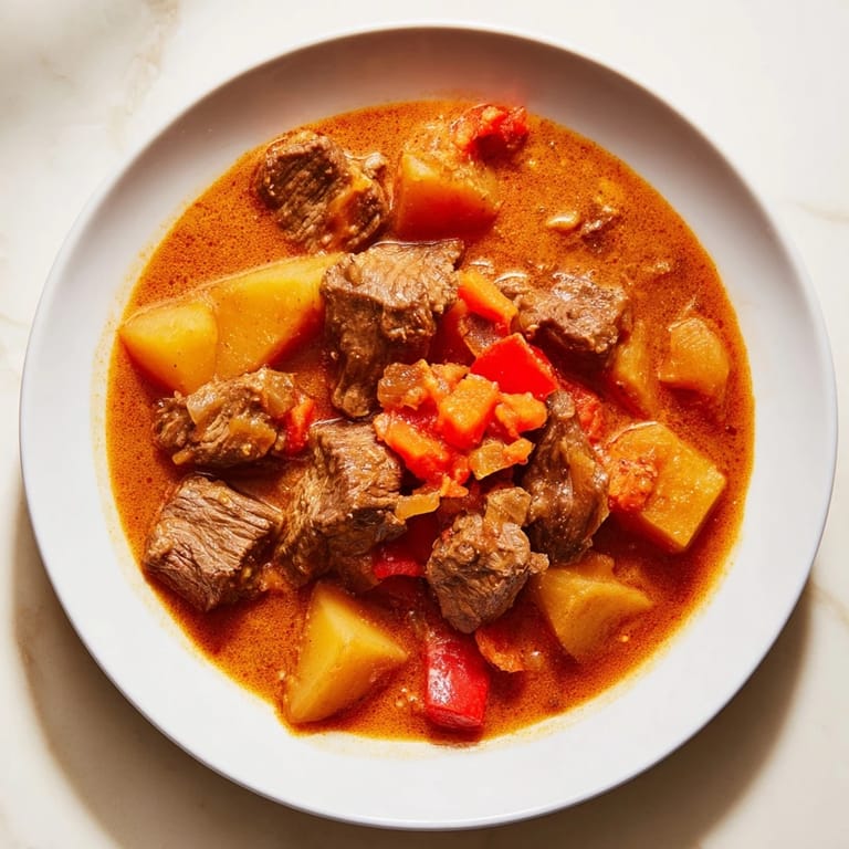Close-up of a rustic bowl filled with hearty smoked paprika and garlic beef stew, perfect for a chilly night.