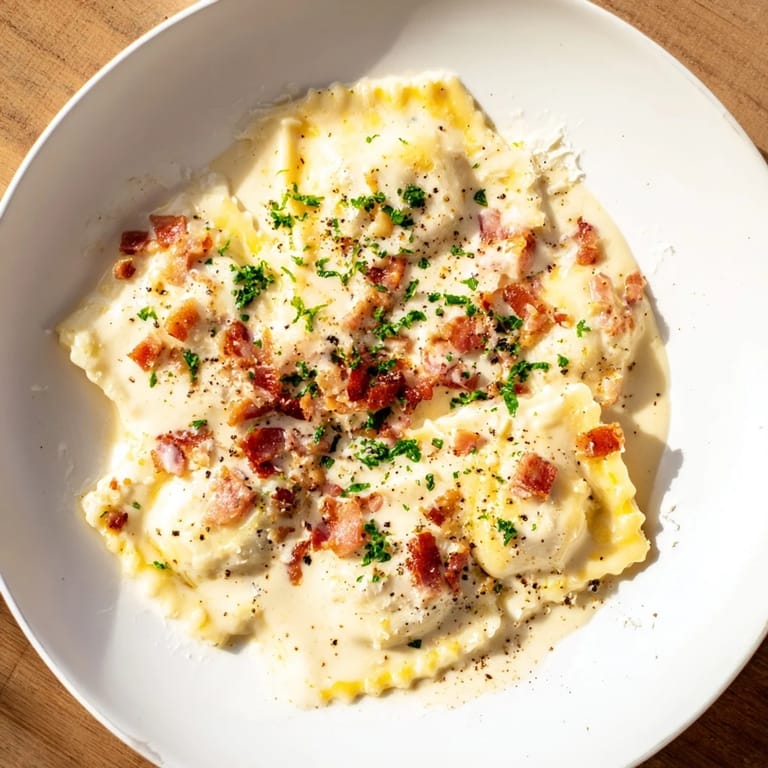 Creamy Olive Garden Ravioli Carbonara with perfect, tender cheese-filled pasta and a sprinkle of Parmesan.