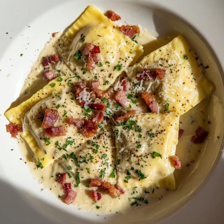 A steaming bowl of Olive Garden Ravioli Carbonara: pasta coated with a decadent carbonara sauce.