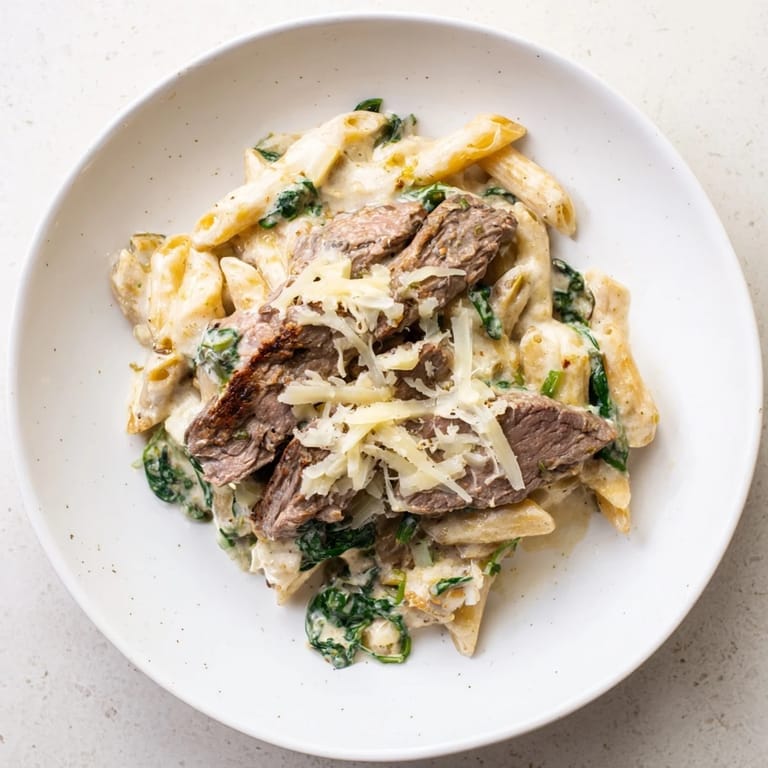 A close-up view displaying the rich flavors of a Steak & Spinach Artichoke Pasta Bake.
