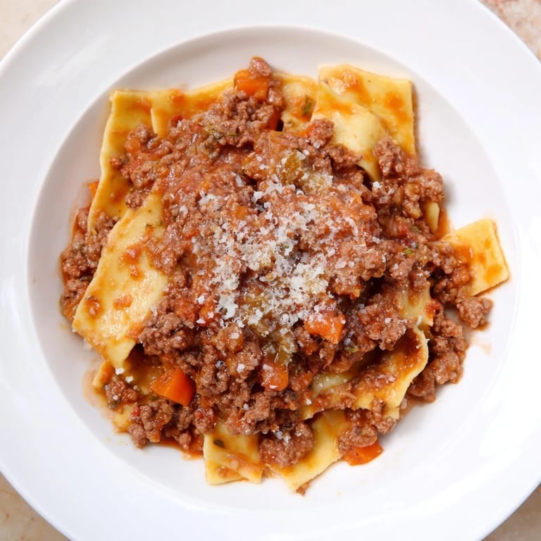 Rich and savory, the finished Classic Tuscan Ragu, ready to top with Parmesan cheese.