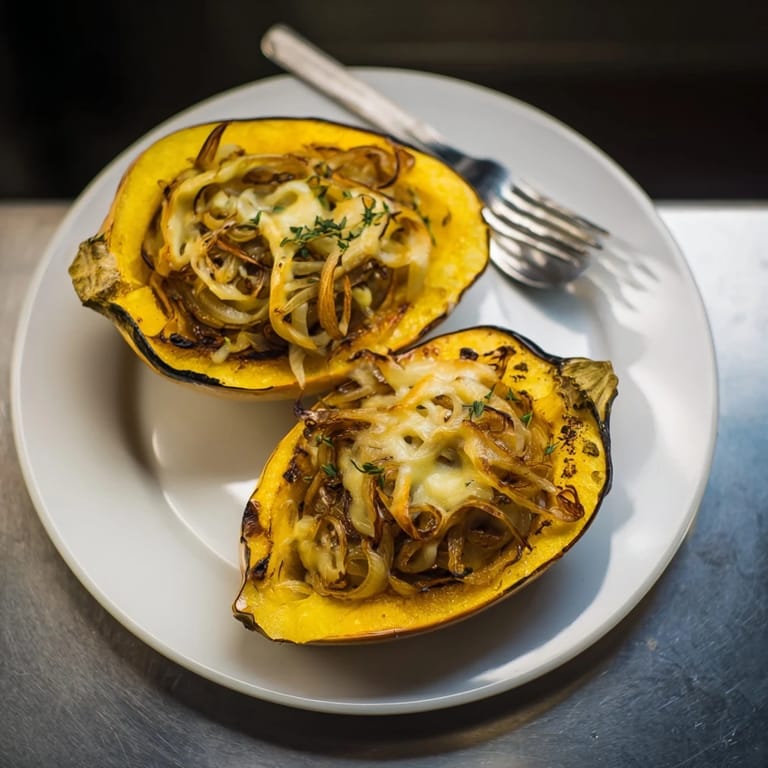 Melted Gruyere covers Caramelized Onion Gruyere Acorn Squash halves, showing delicious textures and colors, ready to savor.