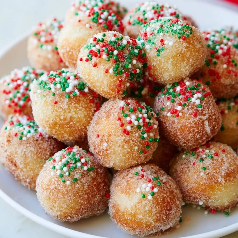 Perfectly round and fluffy Air Fryer Christmas Donut Holes, ready for a warm bite of holiday deliciousness.