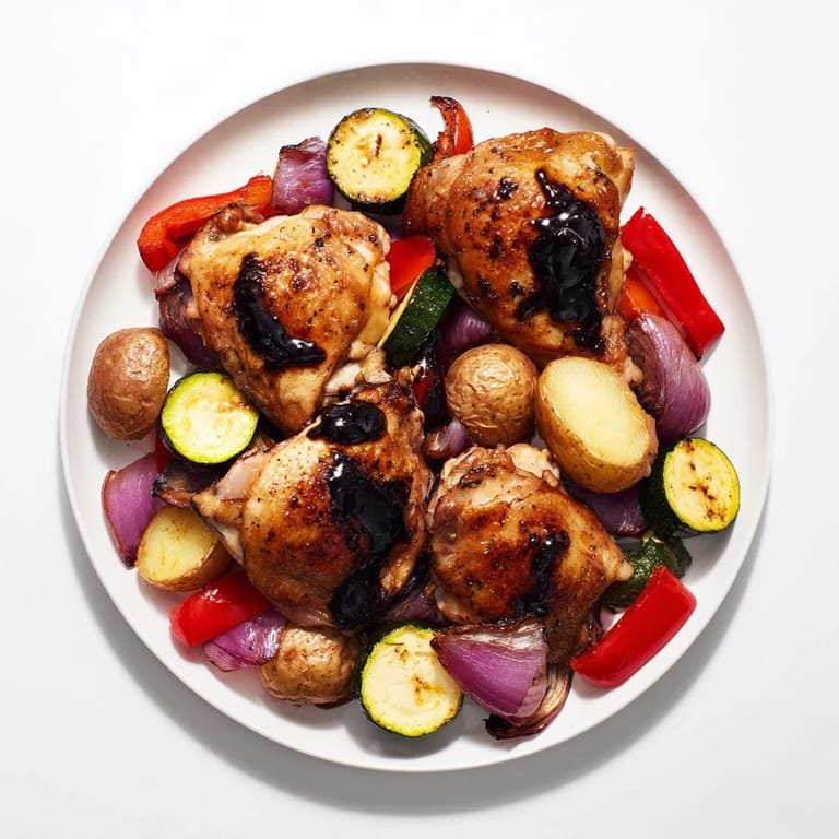 Juicy Black Garlic and Balsamic Chicken thighs with caramelized vegetables, a flavorful and easy sheet pan dinner.
