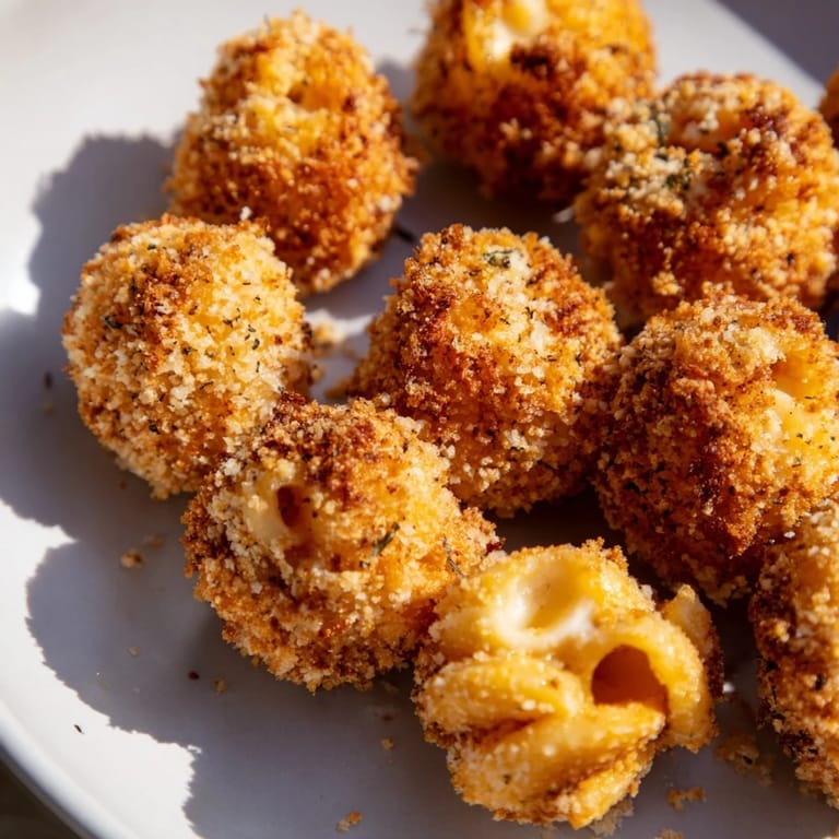 Crispy, cheesy ditalini mac and cheese bites, perfect comfort food, warm and ready to eat.