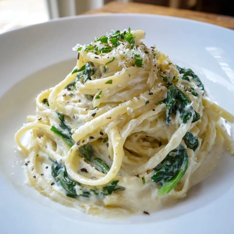 Delicious homemade Creamy Greek Yogurt Spinach Alfredo Pasta, a lighter take on the classic with spinach.