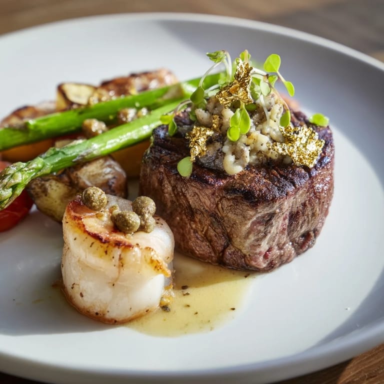 A Golden Heart Luxury Platter showcases perfectly seared scallops beside vibrant asparagus and a creamy sauce.