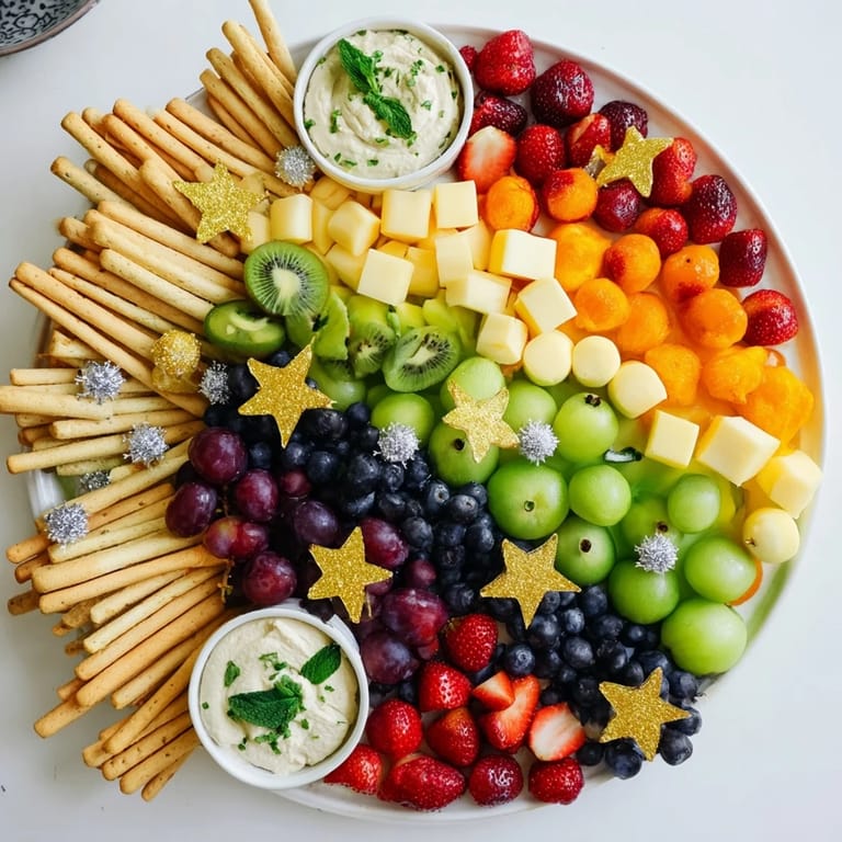 A beautifully arranged Comet & Planet Grazing Tray with vibrant fruits and tasty cheese cubes.