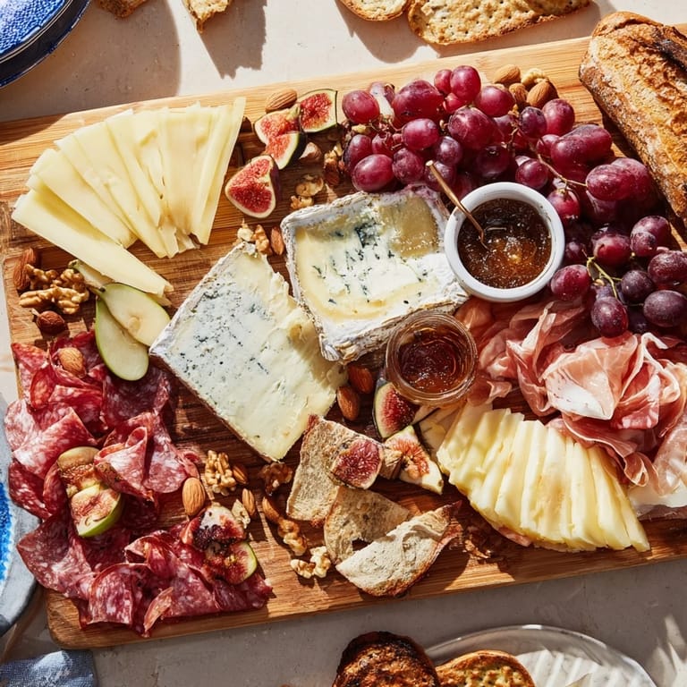 A beautiful Wine Pairing Board presentation offers a delectable spread of gourmet cheeses and charcuterie.