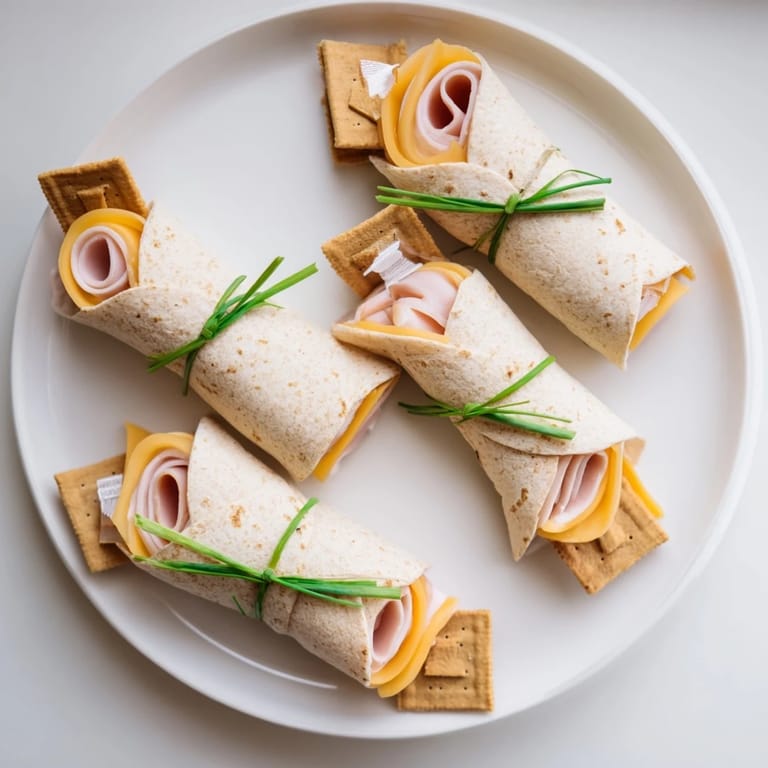 Close-up of savory Graduation Cap Diploma Snack Wraps with vibrant green chive ties, a festive snack.