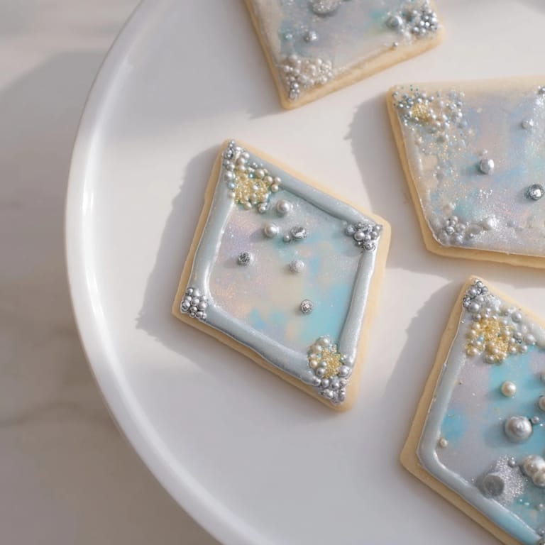 Close-up of the Engagement Ring Diamond Dessert Tray: diamond cookies with edible pearls, a sweet, elegant presentation.