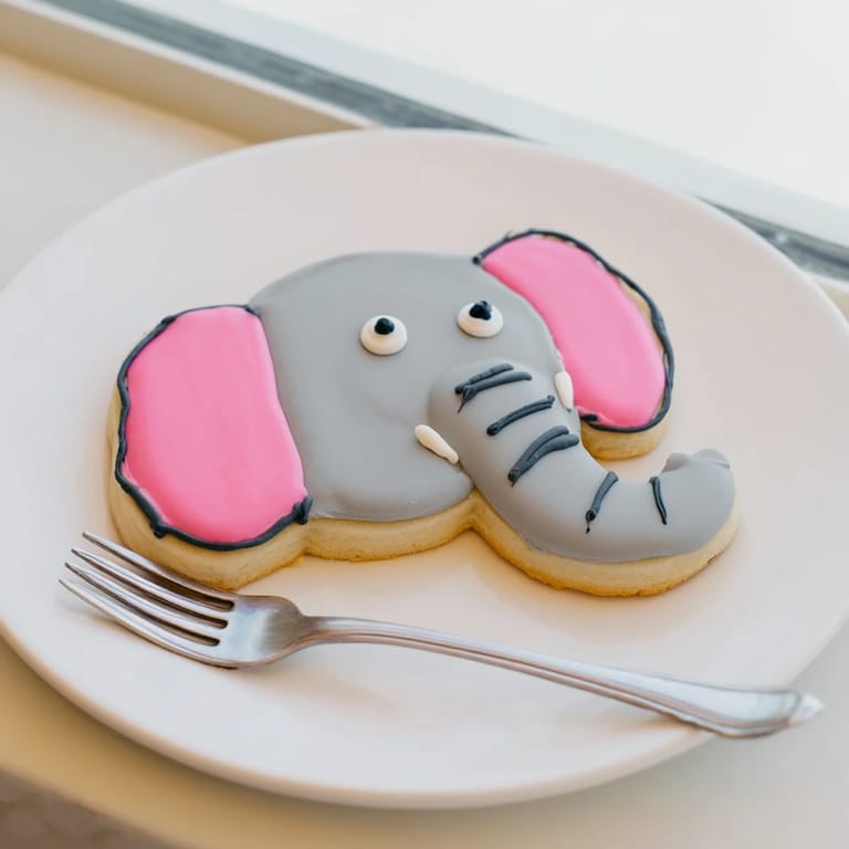 Close-up of cute, decorated Biscuits Amical Éléphant Géant cookies, ready to be enjoyed with a cold glass of milk.