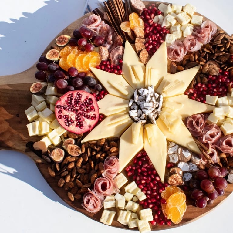 Vibrant Éclat dÉtoiles Planche de Noël 2025: imagine creamy cheeses and savory meats artfully arranged on a board.