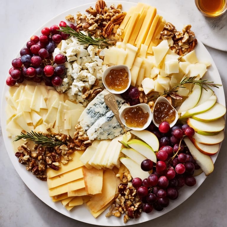 A bountiful Seasonal Winter Cabin Cheese Display, with creamy brie, crunchy nuts, and sweet fig jam beside crusty bread.