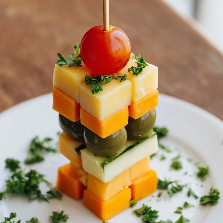 A delicious, visually appealing Festive Cube Cheese Stack, perfect for holiday entertaining with assorted cheeses.