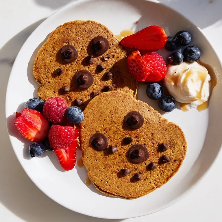 Warm Gingerbread Boy Berry Board with fluffy gingerbread pancakes, fresh fruit, and a dollop of yogurt is ready!