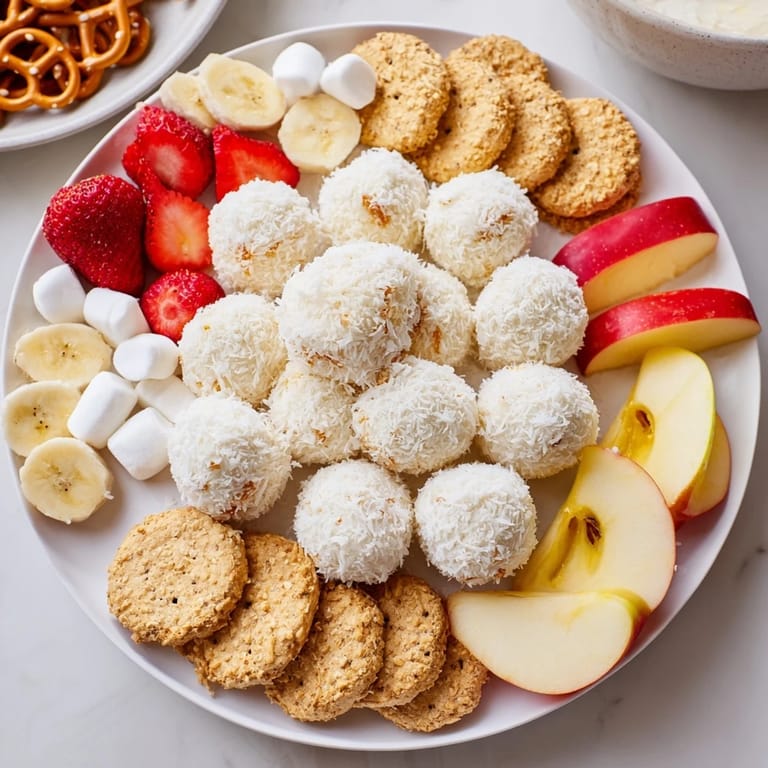 This sweet Marshmallow Snowball Dip Platter shows coconut-covered balls among fresh fruit and dippers.