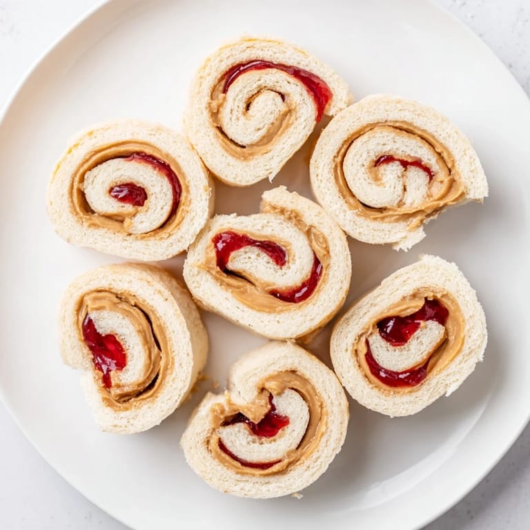 Easy lunch idea: Sliced PB&J pinwheel rolls, showing a swirled interior of delicious fillings.
